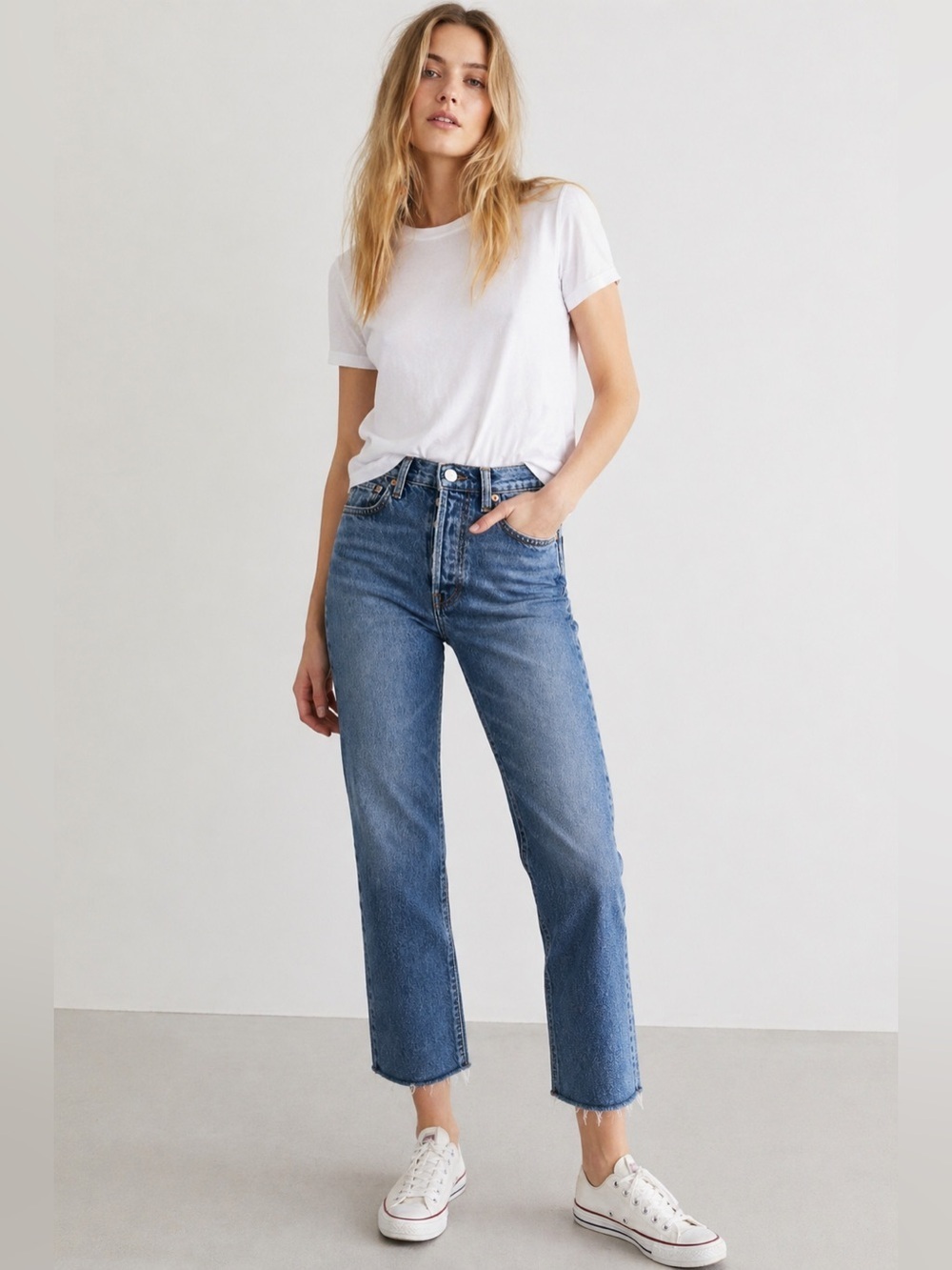 RE/DONE Comfort Stretch High Rise Stove Pipe Jeans Medium Stone 26